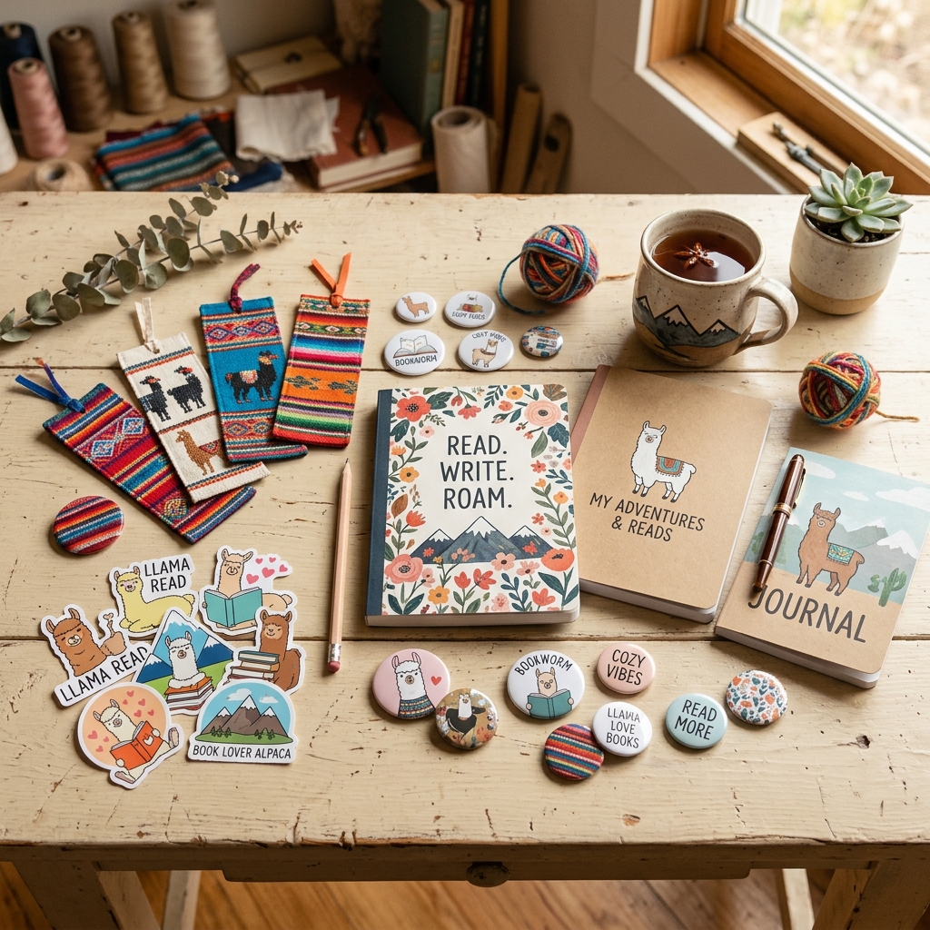 Ecosistema de accesorios literarios de Yatiediciones - agendas, pegatinas, chapitas y telares